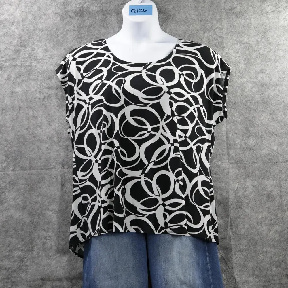 Susan Graver Shirt Womens 1X Black White Geo Print Scoop Neck Dolman Tunic Top